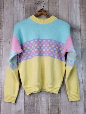 Silver Unicorn. Pastel Checkerblock Crewneck Sweater Yellow, Mint & Pink. Youth